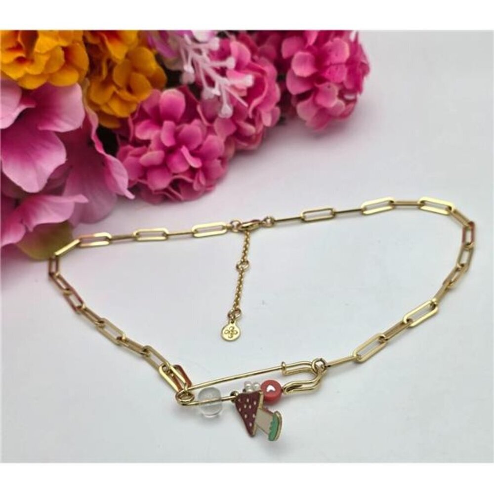 Gold Plated Stainless Paper Clip Chain Necklace Safety Pin Charms Mushroom 18"